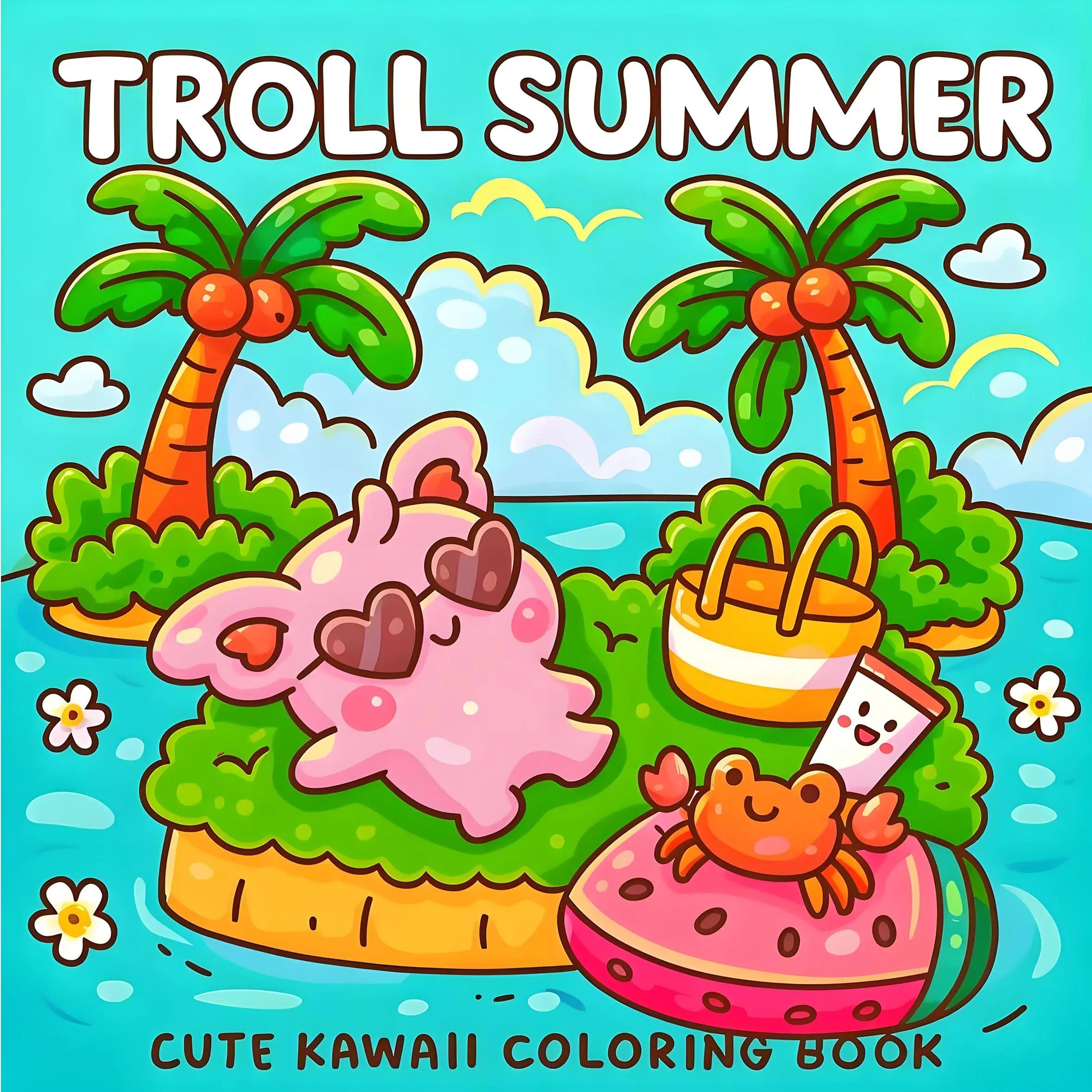 Troll Summer Kawaii Coloring Book For Adult Tropical Island Palm Holiday Beach Scenes Anti Anxiety Stress Relief Drawing Book